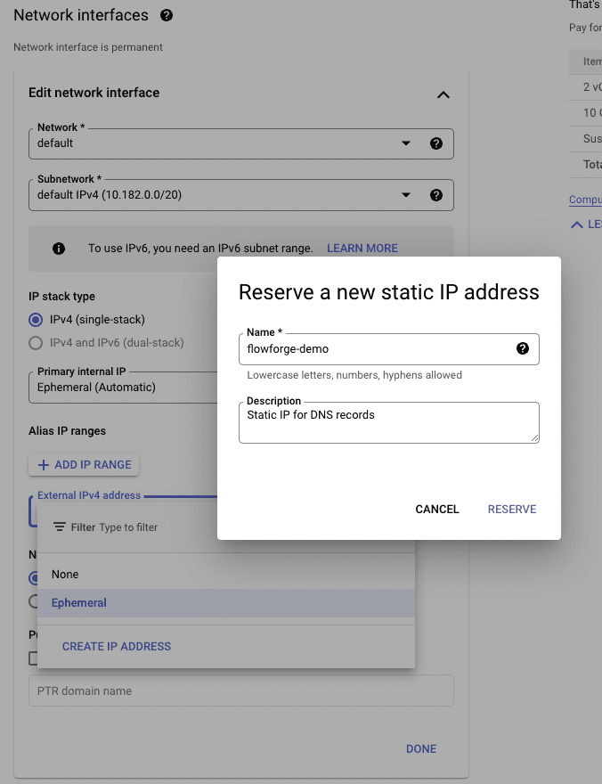 "Screenshot showing the network section in the interface for creating a GCP VM"